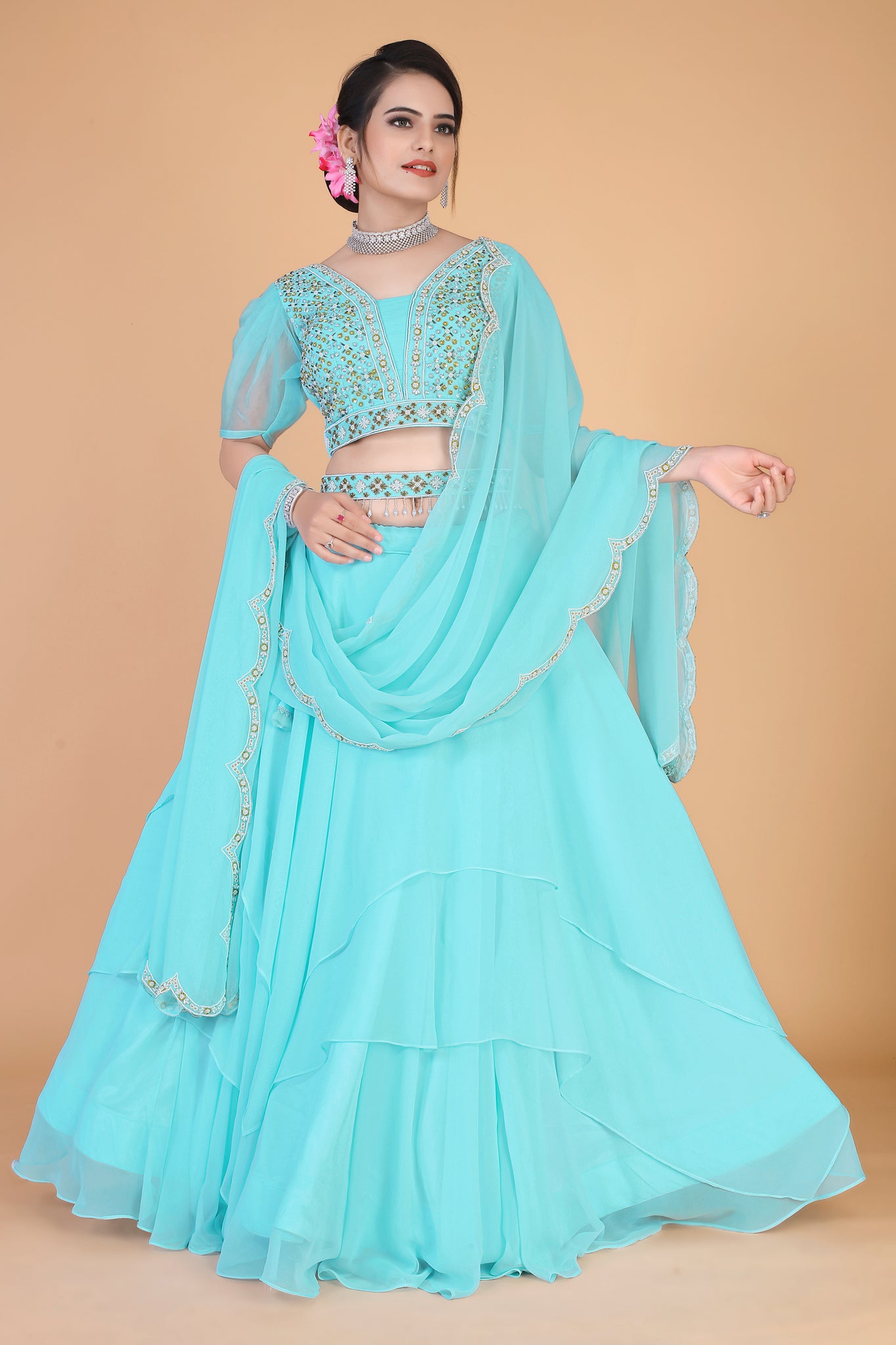 This lehenga made with netted fabric, embroidery mirror work and beads |  Mirror work dress, Lehenga designs simple, Party wear indian dresses